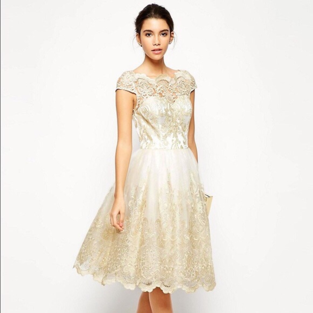 Chi Chi London White and Gold Lace Dress